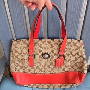 Coach Hampton Stylish Tan and Red/Orange Women's Sachel. 15" Across X 11" High